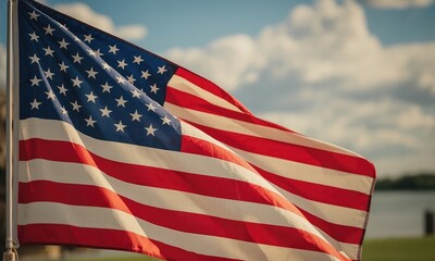 Waving national flag patriotic symbol red white blue stripes outdoor daytime