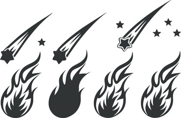 This collection of black and white silhouette images features various celestial elements, including crescent moons, stars, and meteors or comets.