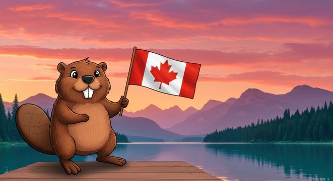 Cartoon beaver holding the Canadian flag while standing on a dock by a lake at sunset. Festival postcard celebrating Canada Day on July 1st, perfect for patriotic and holiday-themed designs