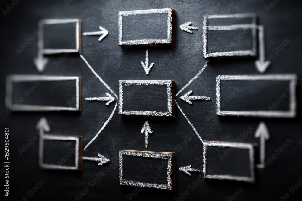 Aufkleber chalkboard diagram with multiple arrows and boxes forming strategic options. flowchart illustrates c
