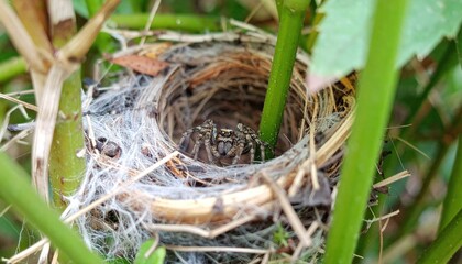 Spider's intricate nest woven among blades of grass, a snapshot of nature's artistry