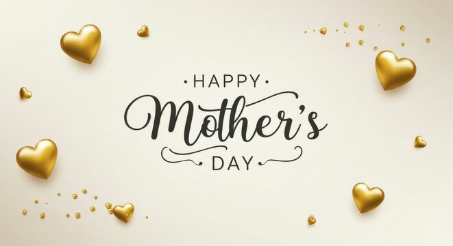 Elegant Mother's Day greeting with golden hearts and confetti on a beige background