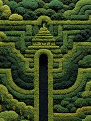 Natural Plant Maze Top View – Aerial Background of Green Organic Garden Labyrinths, Nature-Inspired Landscape Design, Copy Space