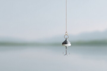 single fishing lure floats in empty reflective water creating minimalist scene with ample copy space