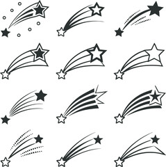 This collection of black and white silhouette images features various celestial elements, including crescent moons, stars, and meteors or comets.