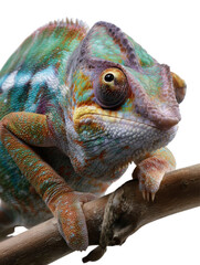 Colorful Chameleon on a Branch: This close-up captures a vibrant chameleon, its skin displaying a kaleidoscope of colors, perched delicately on a slender branch.