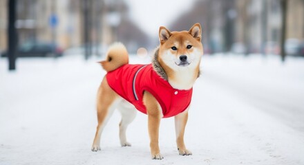 Shiba Inu in Red Winter Coat Standing in Snowy Urban Park