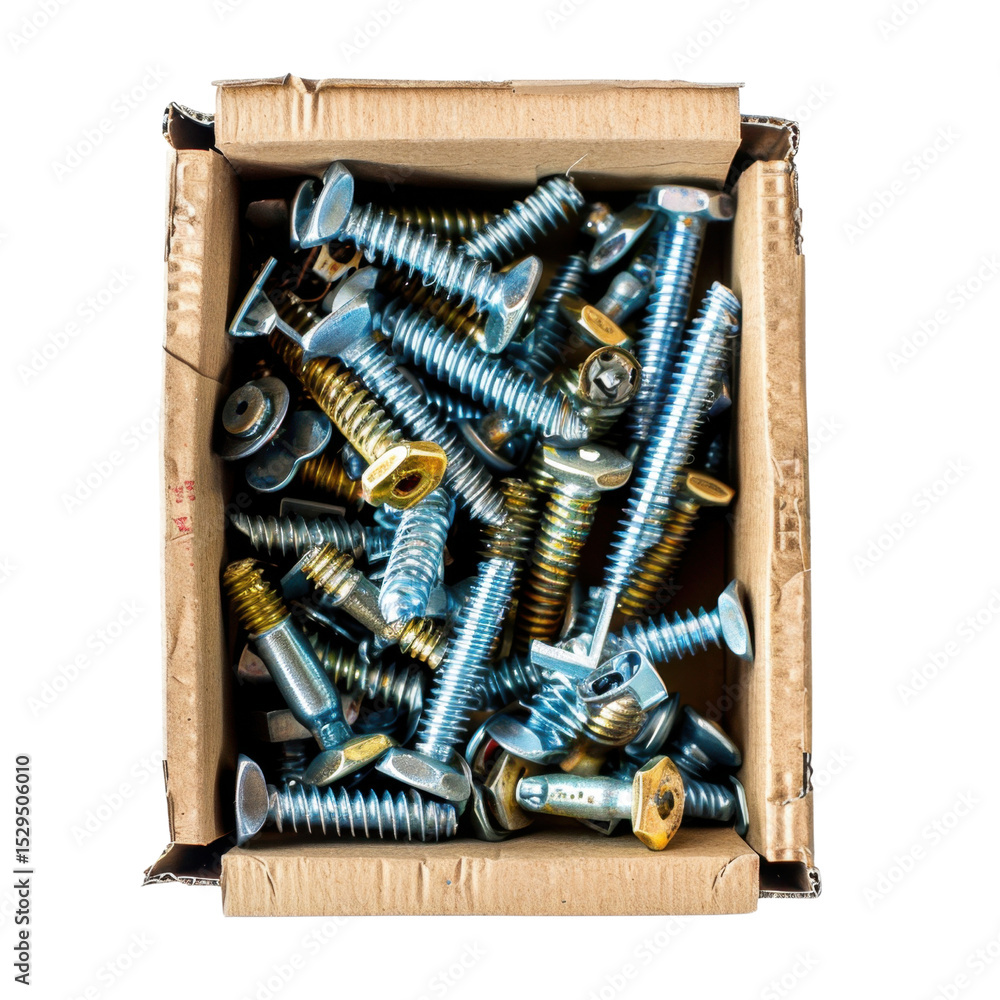 Aufkleber screws and bolts in cardboard box create cluttered yet organized appearance, showcasing various type