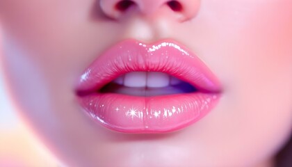 Obraz premium Close up of woman s glossy pink lips with sparkling effect