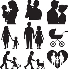 Family Silhouette Bundle, 10 Black Vector Designs, Mom and Baby, Dad with Child, Pregnant Woman, Grandparents, Stroller and More