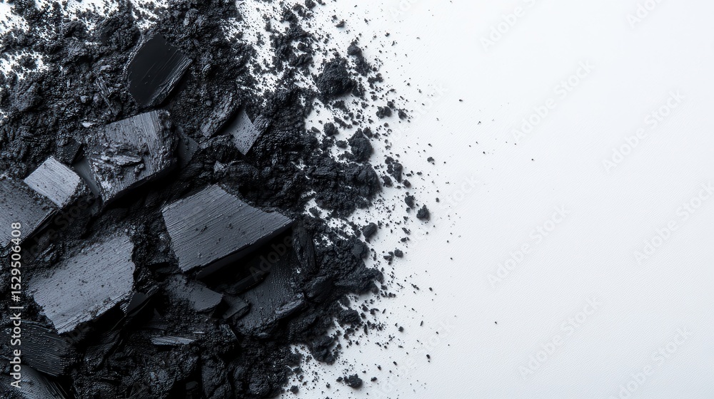 Poster this image showcases a striking contrast between the deep black texture made of shards and pigments 