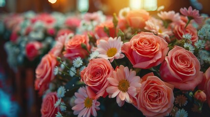 Obraz premium A luscious bouquet featuring soft pink roses and daisies bathed in warm light, epitomizing love and beauty in a welcoming floral arrangement.