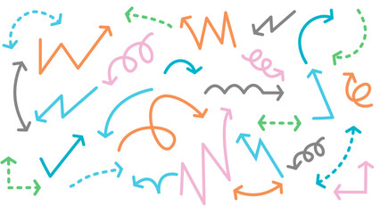 Colorful Hand-Drawn Arrows on White Background. Vibrant hand-drawn arrows in a variety of colors and styles on a white background.