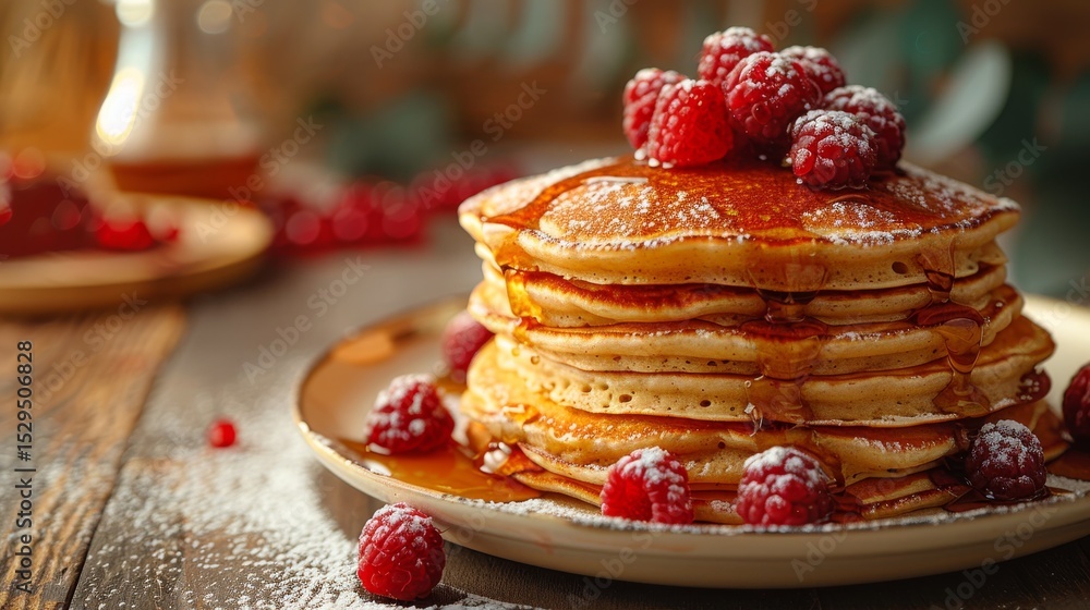 Poster a mouthwatering stack of fluffy pancakes topped with fresh raspberries and syrup, creating a delight