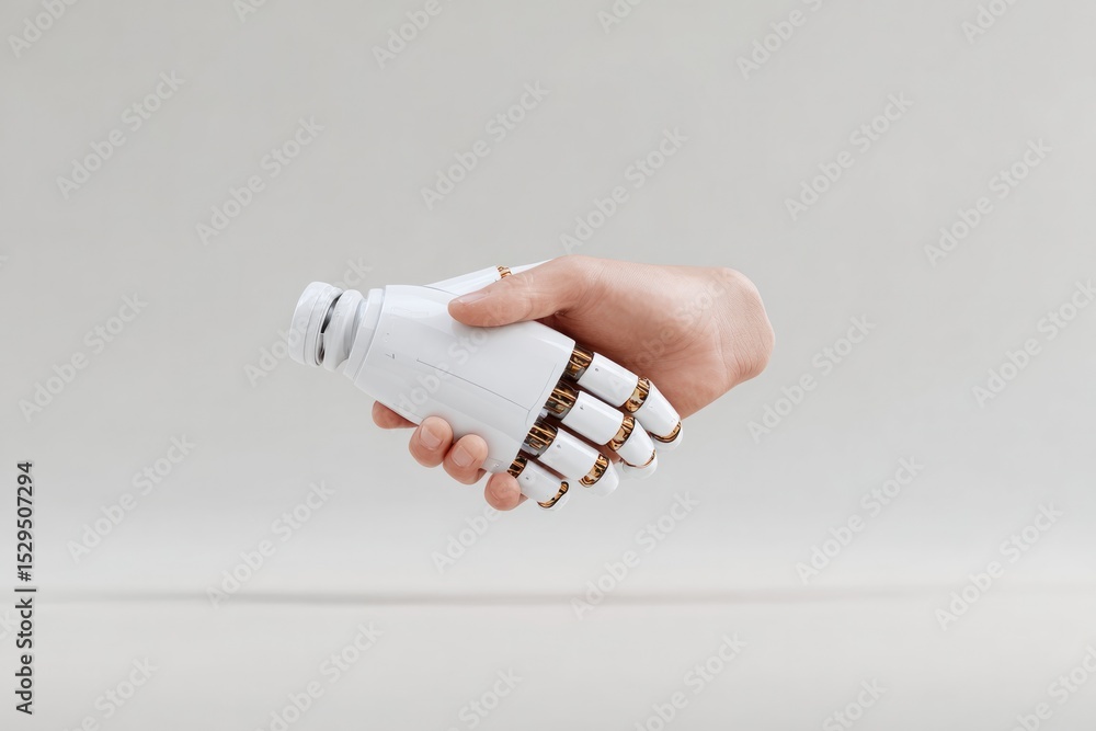 Poster close-up of robotic hands interacting with human hands emphasizing integration of technology in soci