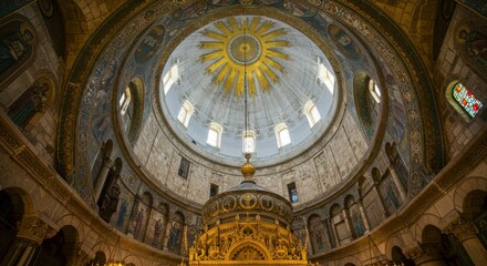 Ornate dome interior with religious iconography and stained glass.  Gold sunburst design dominates the ceiling