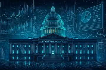 A digital illustration of a government building with "Economic Policy" text, surrounded by financial charts and data visualizations in a futuristic blue tone.