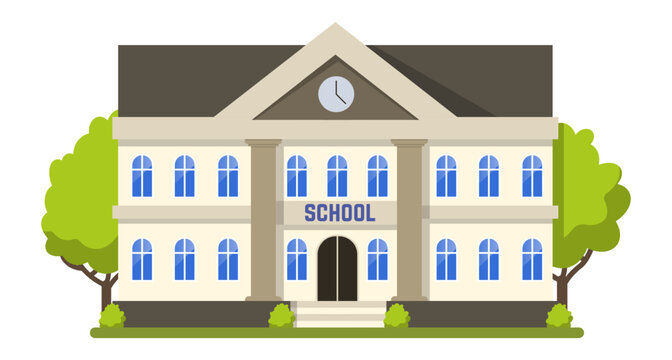 Large school building featuring a clock and trees, representing back to school with modern urban architecture in a college or university campus, vector illustration in flat style