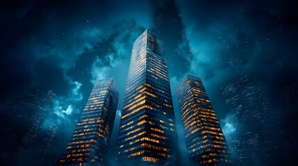 Majestic towering skyscrapers pierce the night sky their glass and steel facades aglow with vibrant lights creating an awe inspiring futuristic cityscape