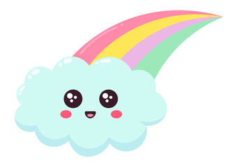 Pastel colored rainbow appearing from a happy smiling cumulus cloud, a vector illustration isolated on white background, ideal for children book illustrations or greeting cards