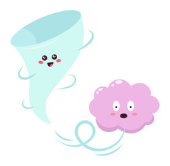 Happy cartoon tornado is chasing a scared cartoon cloud, both with funny faces, illustrating weather phenomena, meteorology concepts, in a kawaii style, with swirling wind