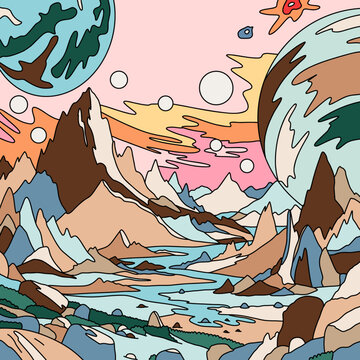 Galactic Fantasy World with Multicolor Sky , Nebula, Cloudscape, Moons and Planets.  Cosmic Dreamy Surface Exploration Through Outer Space Colorful Vector Futuristic Travel Illustration