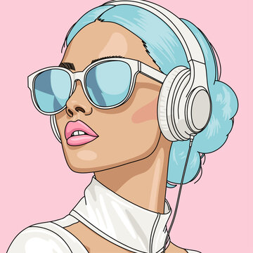Portrait of  a  Night life. Stylish Futuristic Fashion Young Woman with Trendy Urban Outfit, Blue Hair. Silver Headphones and Reflective Neon Eyewear. on Pink Background