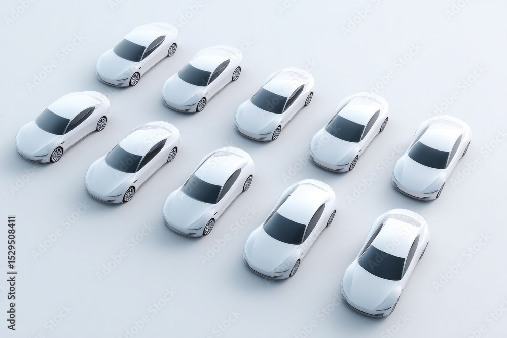 Poster show fleet of sleek futuristic 3d-rendered vehicles arranged in minimalist pattern on solid white ba