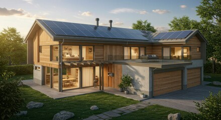 Modern energy-efficient house with solar panels