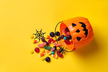 Halloween candy and pumpkin bucket spilling on a bright yellow background for festive celebration