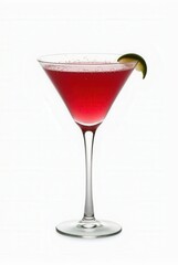 Elegant Cosmopolitan Cocktail: A refreshing cosmopolitan cocktail in a classic martini glass with a lime garnish, perfect for sophisticated social gatherings or as a symbol of indulgence. 