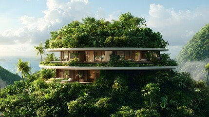 Sleek and contemporary multi level residential building nestled within a vibrant tropical forest creating a harmonious of man made and natural elements