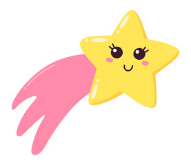Charming cartoon illustration featuring a kawaii five pointed yellow star with a joyful smile and large eyes, leaving a delightful pink trail while soaring through the vastness of space