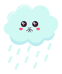 Sad cartoon cloud dripping rain on a clean white background, capturing the essence of rainy weather and expressing a playful take on a gloomy mood in a charming way
