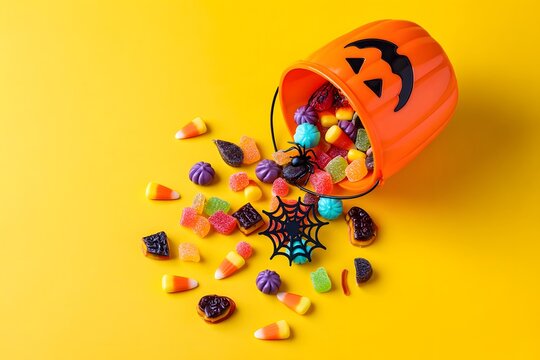 Halloween candy spilling from a pumpkin bucket on a vibrant yellow background