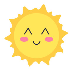 Cartoon sun with closed eyes, smiling and blushing, radiating happiness and joy, capturing the essence of summer vibes and cheerful energy in a playful, adorable style