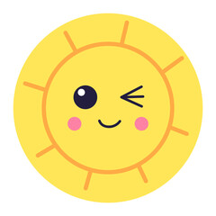 Cartoon sun character winking and smiling, radiating warmth and happiness, creating a joyful and playful atmosphere filled with positivity and cheerful vibes