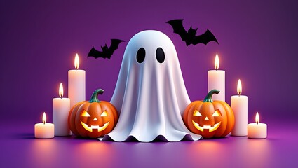 Halloween decoration with ghost carved pumpkins candles and bats on purple background