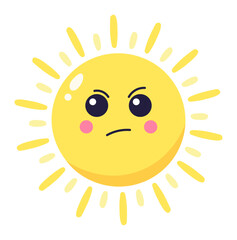 Cartoon sun character displaying anger with furrowed brows and a stern gaze, expressing negative emotions linked to heat and intense summer sunlight