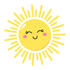 Cartoon sun character with closed eyes and a gentle smile, radiating warmth and happiness, perfect for children's illustrations or summer themed designs