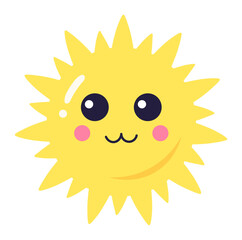 Cartoon sun character with a cute smiling face, pink cheeks and big eyes, bringing warmth and happiness, ideal for children's illustrations, weather forecasts, and summer themed projects