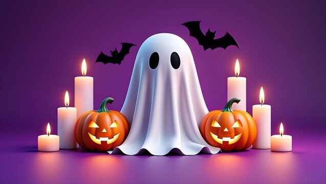 Halloween decoration with ghost carved pumpkins candles and bats on purple background
