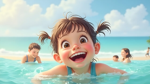Smiling Girl Swimming In Water with Family Enjoying Summer Vacation on Beach, Radiant Happiness.