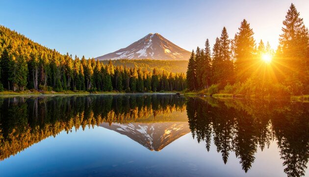 A serene mountain landscape with a snow-capped peak, dense forest, and calm lake reflecting the sunrise and trees. - Powered by Adobe