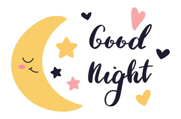 Fototapeta premium Cute crescent moon with closed eyes, surrounded by vibrant stars and hearts, creating a whimsical good night scene perfect for enhancing kids' bedroom decor. Ideal for fostering sweet dreams