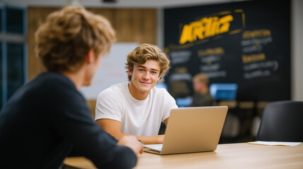 Young man smiles while working on laptop in a contemporary classroom with bright lighting. Focus on collaboration in an educational atmosphere. Concept of schools, learning centers, tutoring services