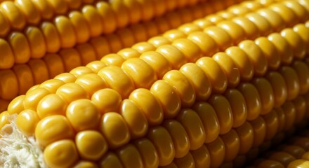 Close-up of vibrant yellow corn kernels, showcasing their plump and glistening texture.  Rows of kernels are densely packed