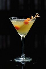 Exquisite Martini Delight: A captivating close-up of a meticulously crafted martini, resplendent in a sleek, elegant glass, adorned with delicate garnish. Every detail from the clear.