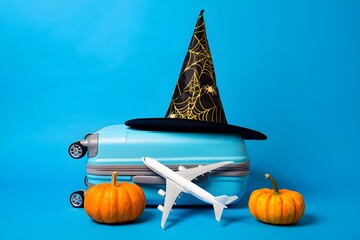 Halloween travel concept blue suitcase with airplane pumpkins and witch hat on blue background