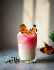 Delicate Pink Layered Drink with Dried Orange Garnish